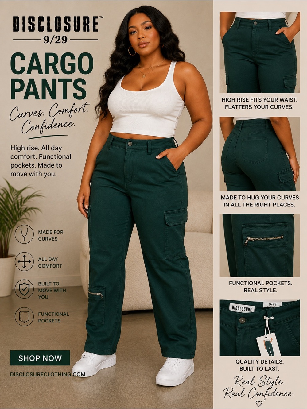 Discourse High-Rise Cargo Pants in Dark Green size 9- NWT